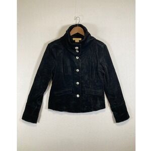 Dark Academia Michael Kors Women M Black Corduroy Funnel Neck‎ Button Jacket